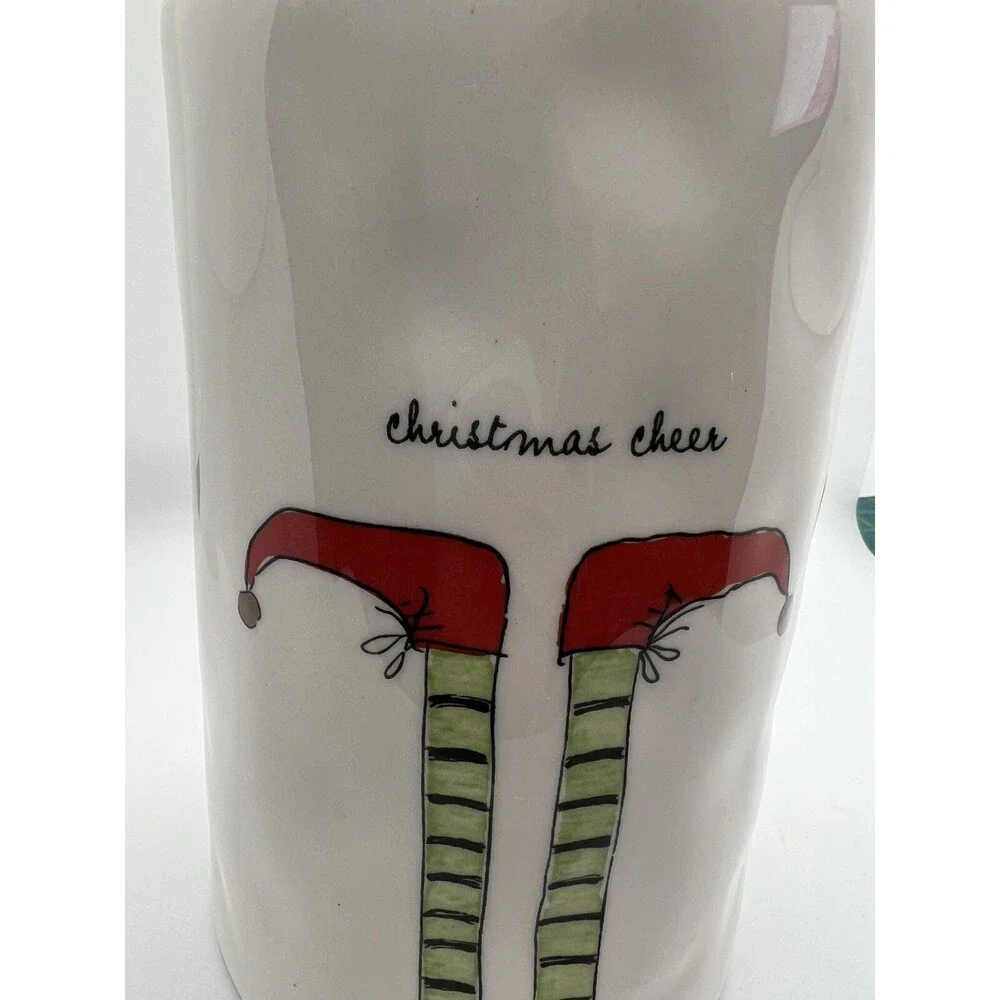 elf RAE DUNN ELf FEET CHRISTMAS CHEER TALL CERAMIC CANISTER cream red  elves